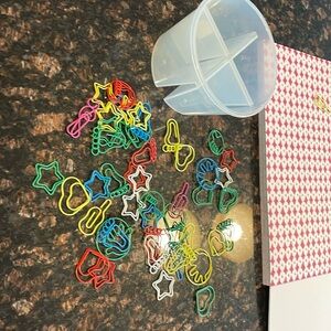 Fancy paper clips & plastic container